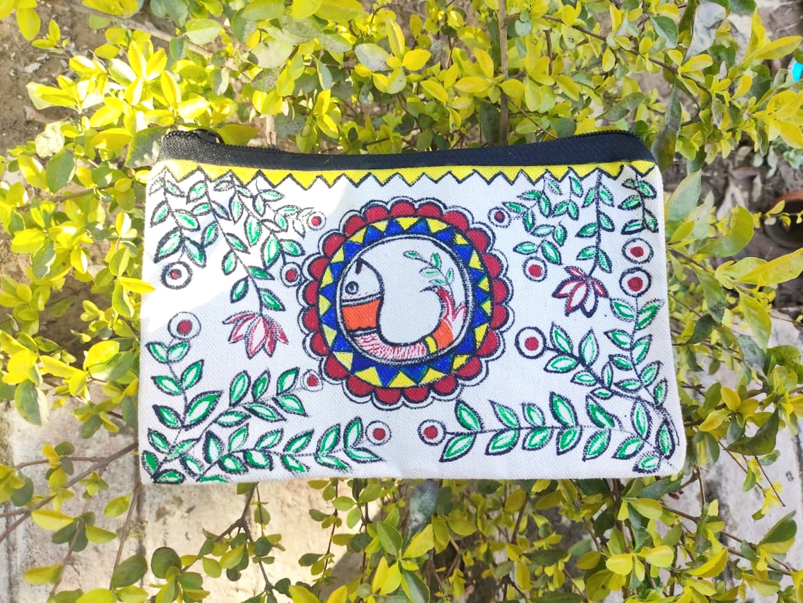 Handcrafted Folk Art Fish & Floral Canvas Pouch